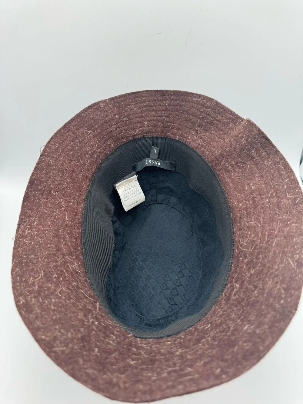 Gucci Felt Wool Bucket Hat Brown Black Band Logo Plaque Size Large